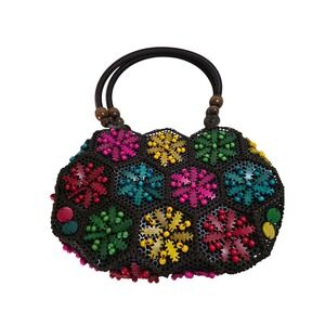 Boho Multicolor Hand Beaded Leaf‎ Wood Acorn Vintage Handbag Purse 12x8 NEW